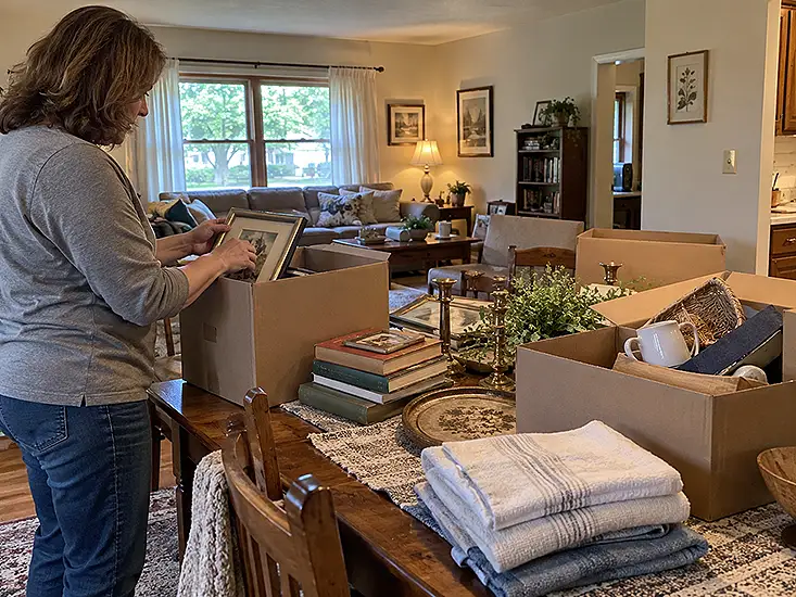 Kansas City homeowner sorting belongings before downsizing to a smaller home